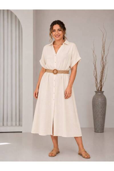 MENSAR OTANTİK Straw Belt Detailed Buttoned Cotton Dress 📍 38/48 Size Compat...
