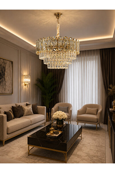 Led YENİ MODEL 50 CM KRİSTAL LÜX SALON AVİZE GOLD RENK