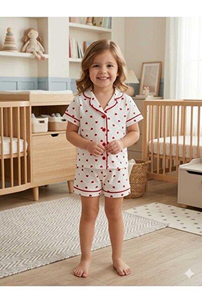 ALİSS ALİŞŞ Kız Çocuk Kalp Desenli %100 Pamuk Düğmeli Pijama Takımı Alt Üst Ş...