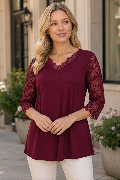 HELVEYS Women's V-Neck Three-Quarter Sleeve Lycra Lace Tulle Detailed Comfort...