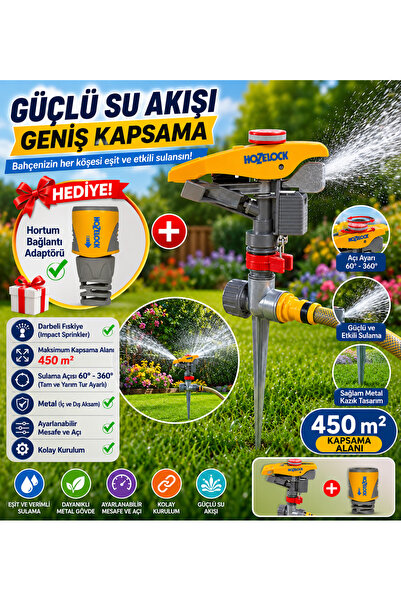 Hozelock Metal Darbeli Bahçe Fıskiyesi 450 m² Kapsama Alanı 60°-360° Ayarlana...