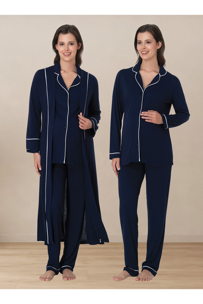 ByLohusa Soft Textured Long Sleeve Buttoned Cotton Robe Maternity Pajama Set ...