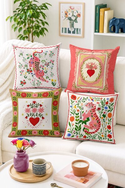 Home Kalp ve Pembe Kaplan Desenli 4’lü Kırlent Kılıfı Seti - Çiçekli Vintage ...