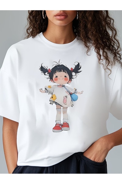 1001 Line Cute Anime Print Women'S T-Shirt, White Loose Fit Casual Top, Soft ...