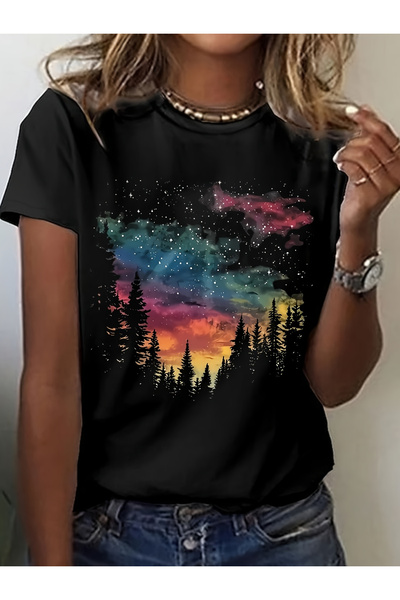 BASEPULSE Women'S Black T-Shirt with Colorful Starry Night Sky Silhouetted Pi...