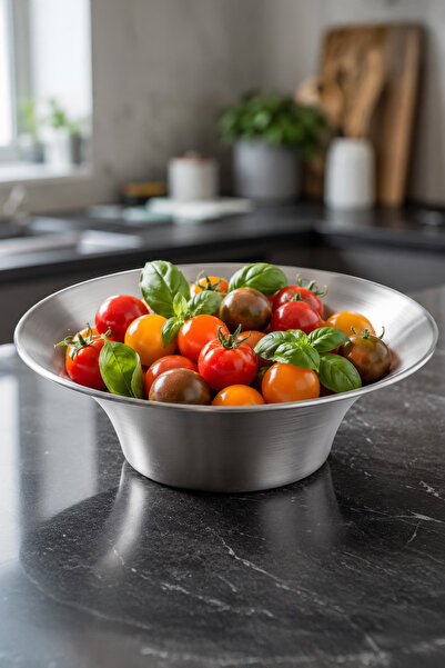 Vadi Stainless Steel Round Presentation Bowl Fruit and Salad Serving Bowl 28 cm