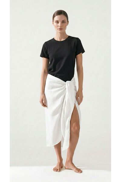 Eight Fashion Women's Ecru Linen Tie-Up Long Skirt Pareo