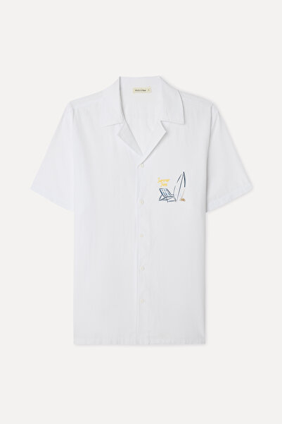 Mudo Men's White Embroidered Regular Fit Resort Collar Short Sleeve Shirt