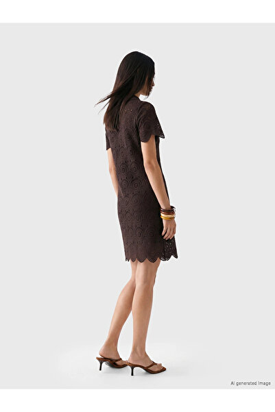 LC Waikiki Lcw Everyday Brown Crochet Lace Mini Shirt Dress