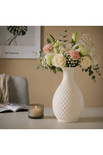 Lui Tasarım Vază ceramică cu model pătrat, culoare crem, stil scandinav, eleg...