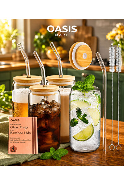 OASIS MART 4-Piece Glass Tumbler Set with Bamboo Lids and Reusable Glass Stra...
