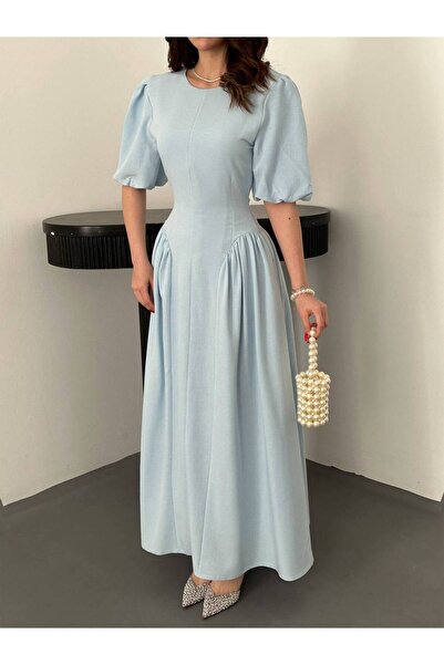 D'RECCY Women's Waist-Fitted Tie-Up Long Short Sleeve Linen Stylish Dress