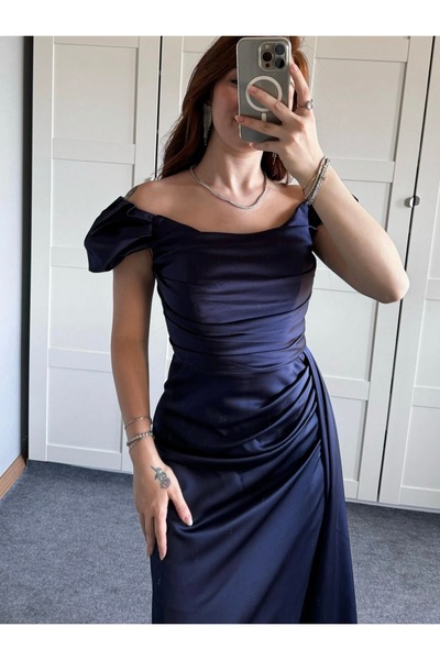 ayşenur Dinçer butik Balon Kol Saten Abiye Lacivert