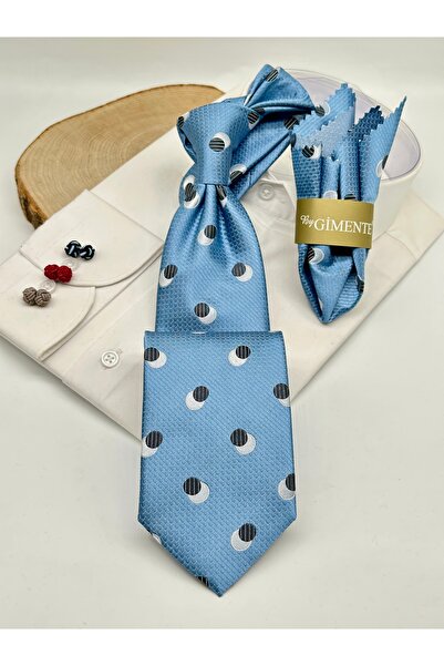 Gutiero Ice Blue Polka Dot Classic Tie with Handkerchief