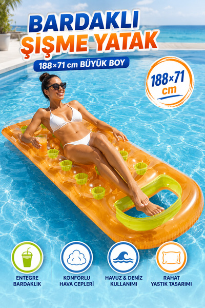YILDIRIM OYUNCAK Bardaklı Şişme Deniz Yatağı 188×71 cm – Büyük Boy Konforlu H...
