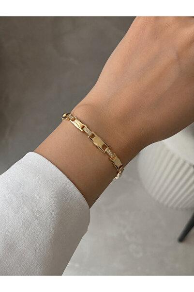 Lumel Takı Lumel 14K VIP Altın Kaplama Kemik Form Taş Detaylı Bileklik – 17+2 cm