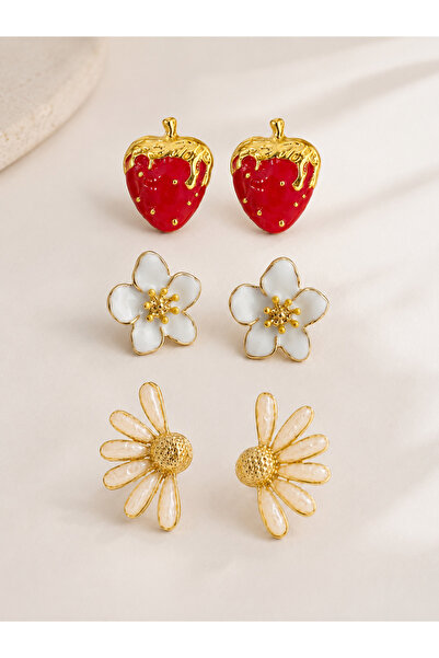 MRK 3 Pairs Earrings Set Strawberry Leaf Flower Earrings