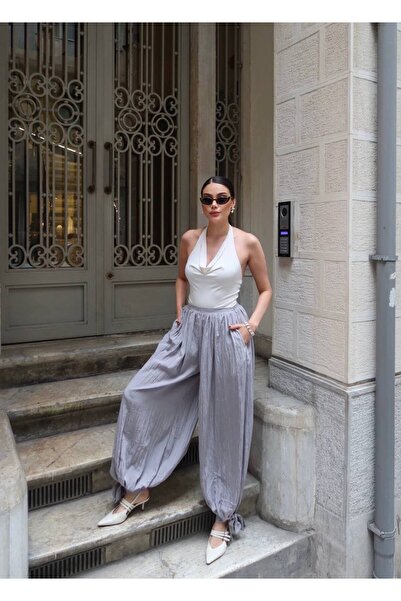 timagna Pantaloni de damă Shalwar, țesătură Tencel, cu pliuri, cu legătură la...