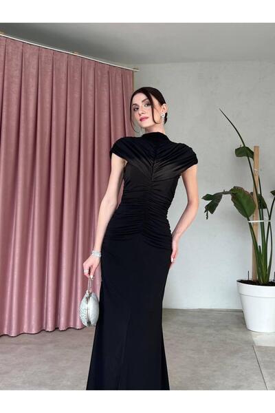 ALPŞAN TİCARET Black Draped Gathered High Neck Long Evening Dress Wedding Inv...