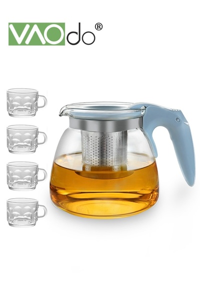 VAODO 1L Glass Teapot Set with Cups and Filter, Stainless Steel Filterand Gla...