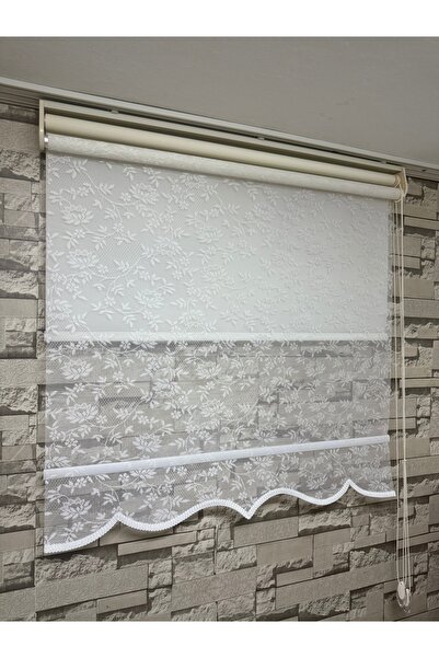 PERDECİNİZ SARMAŞIK ÇİÇEK DESENLİ ÇİFTLİ SİSTEM TÜL STOR PERDE KREM RENK (Ete...