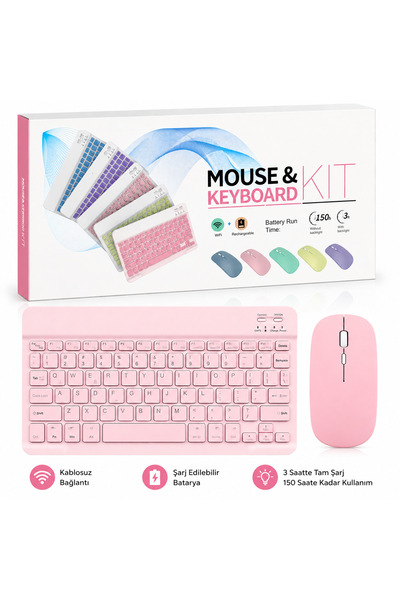 GenelTedarik Kablosuz Şarjlı Bluetooth 2.4G Mini Klavye Mouse Seti - Sessiz T...