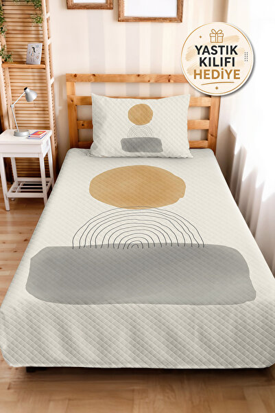 Evimde Bambaşka Geometric Beige Young Room Single Pique Set - Modern Gray Cre...