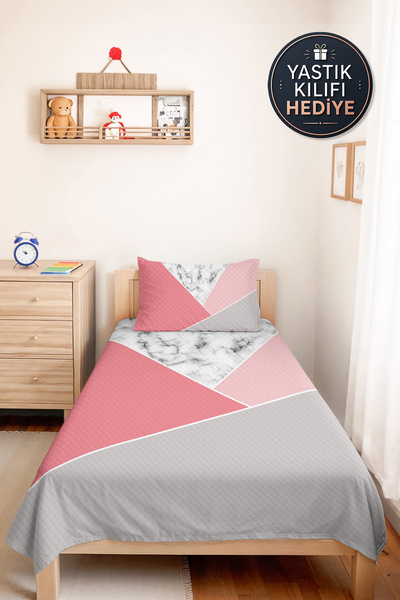 Evimde Bambaşka Pink Geometric Youth Room Single Pique Set-Marble Gray Modern...