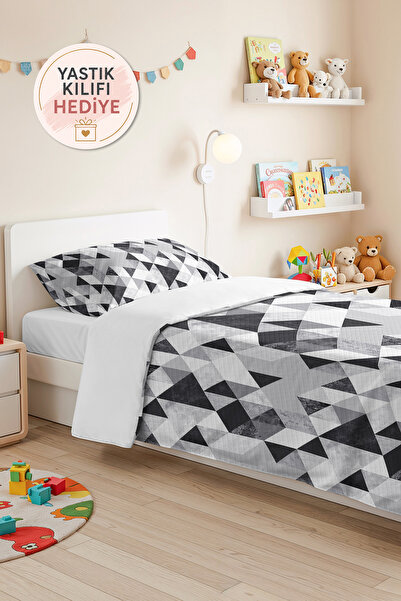 Evimde Bambaşka Gray Geometric Youth Room Single Pique Set - Black Modern 160...