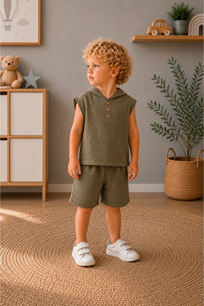 BEBEĞİME ÇORAP Set de pantaloni scurți și tricou cu glugă, fără mâneci, din m...