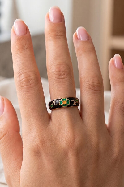 AURRARİ Gold Green Flower Black Enamel Colorful Adjustable Steel Ring