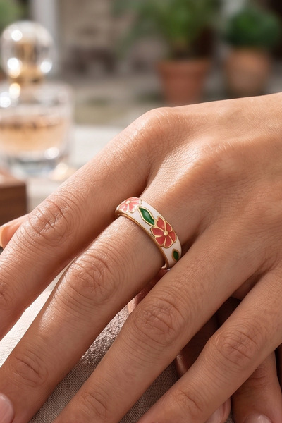 AURRARİ Gold Orange Floral White Enamel Colorful Adjustable Steel Ring