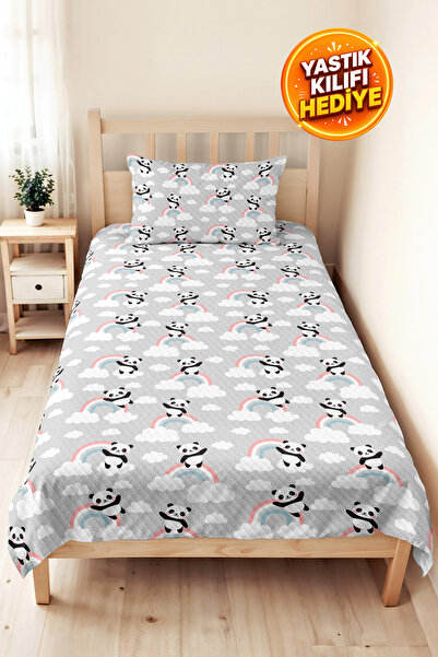 Evimde Bambaşka Gray Panda Rainbow Children's Room Single Pique Set - Pastel ...
