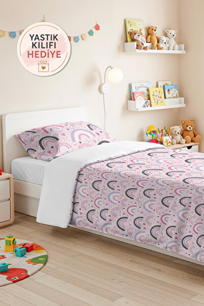 Evimde Bambaşka Rainbow Pastel Pink Girls' Pique Set - Hearted Lilac Gray Bab...