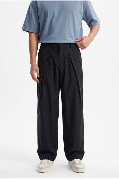 Respire Men's Pleated Linen Baggy Trousers Black