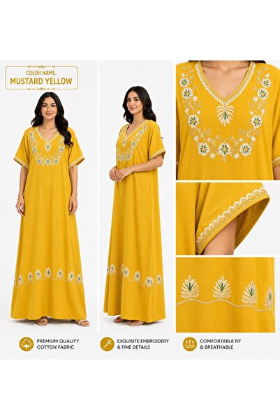 AYOUSH Women's Long Cotton Embroidered Gown - Short Sleeves - Comfortable Ori...