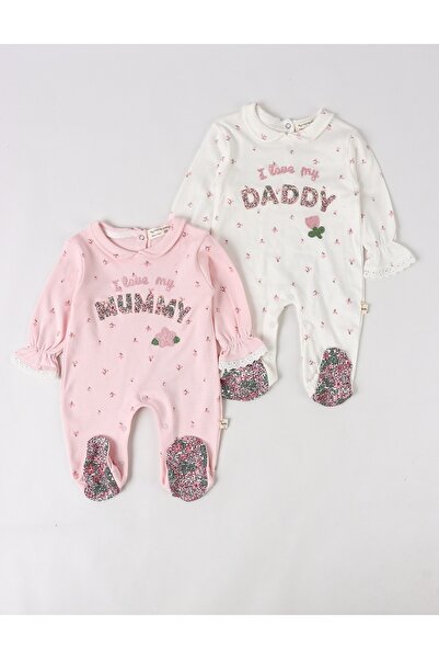 MiniKids Set doua salopete, I love Mom, Dad, alb-roz