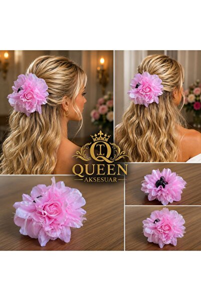 QUEEN AKSESUAR Luxurious Large Volume Pink Tulle Layered Rose Flower Hairpin ...