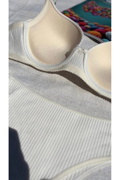 ELANORAFORYOU Elanora for You Women's White Ribbed Supportive Bra Panty Set Daily Comfortable Underwear