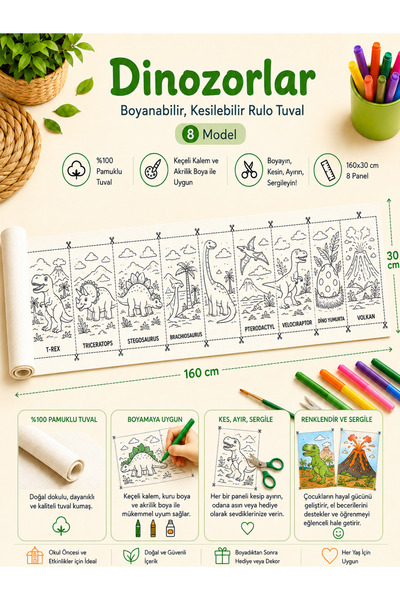 KanvasSepeti Boyanabilir Kesilebilir Rulo Tuval Dinozorlar 8 Model Çocuk Boya...