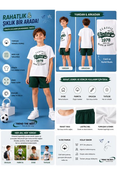 TREND THE BEST Trendin En İyisi Summer Vintage 1978 Printed Boys' Green Shorts and White T-Shirt Set