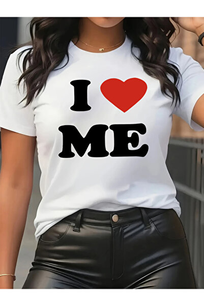 1001 Line تي شيرت نسائي بأكمام قصيرة وياقة دائرية بتصميم "I Love Myself" - تص...
