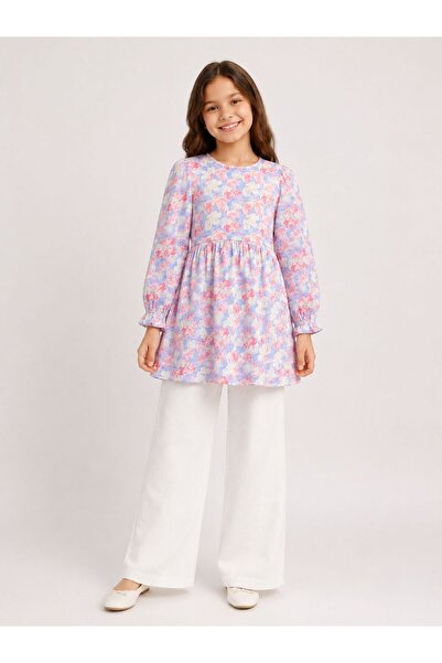 UHDE STORE Girl's Floral Patterned Tunic Trousers Muslin Set Long Sleeve Comf...