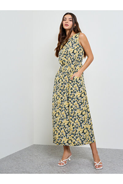 Take Two By Styli Yellow Floral Print Sleeveless Midi Dress
