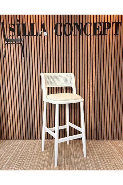 silla Odin Bar Sandalyesi Teddy Krem Kumaş Hasırlı Beyaz Ahşap Ada Sandalye