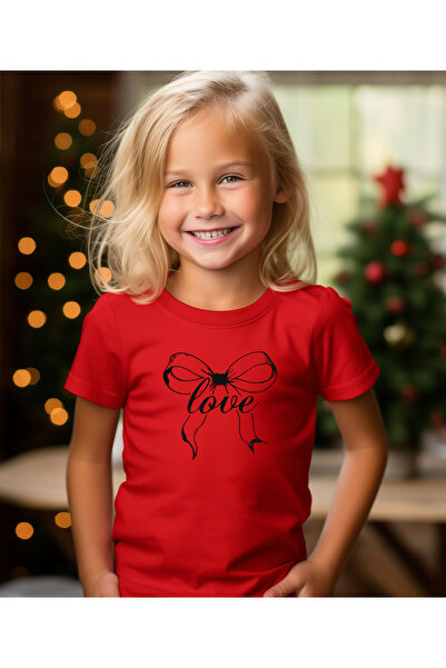 ASELİNDA Red Bow Love Written Girls T-Shirt - 100% Cotton Round Neck Tshirt