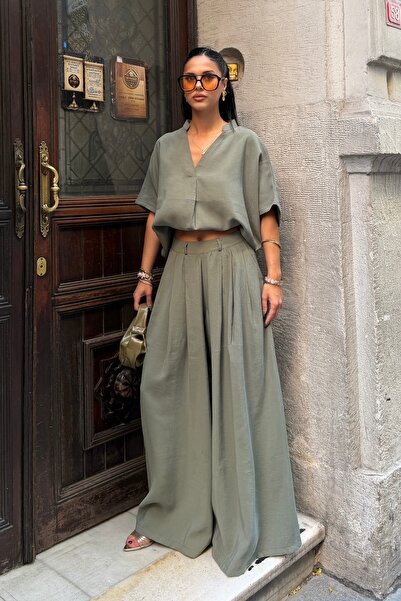 BEJNA Women's V-Neck Blouse Wide-Leg Pants Oversize Modal Textured Set