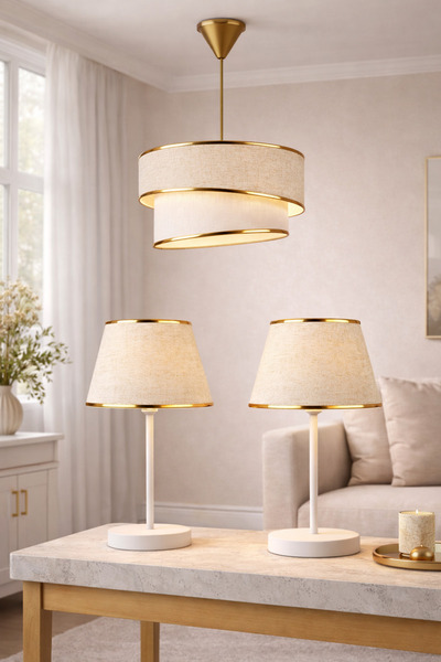 Eslight Modern 3'lü Rüzgar Aydınlatma Seti - Bej Keten Kumaş Sarkıt Avize ve ...