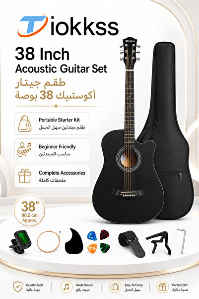 Tiokkss 38 Inch Black Acoustic Guitar Starter Kit with Bag, Tuner, Capo, Stra...