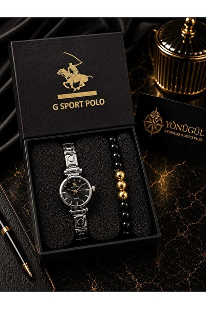 G Sport POLO ساعة يد نسائية بسوار من الحجر الطبيعي هدية مع قرص أسود وسوار من ...